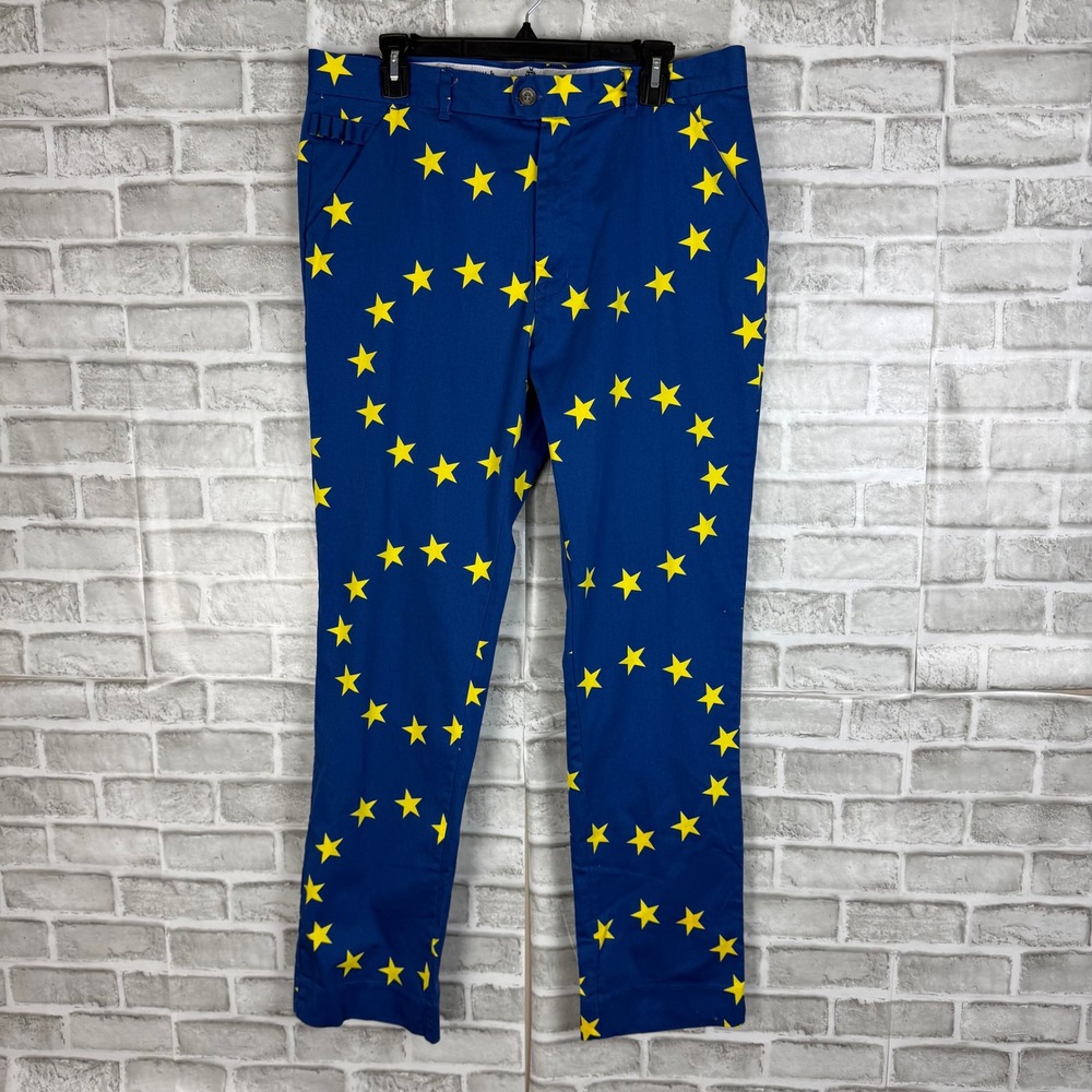 Royal & Awesome Euro Stars Mens Blue Ryder Cup Style  Golf Pants Trousers 36 x32